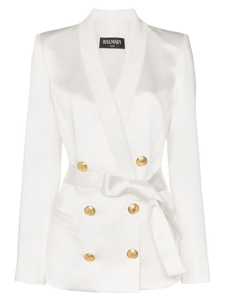 Balmain gold-tone button belted blazer - White