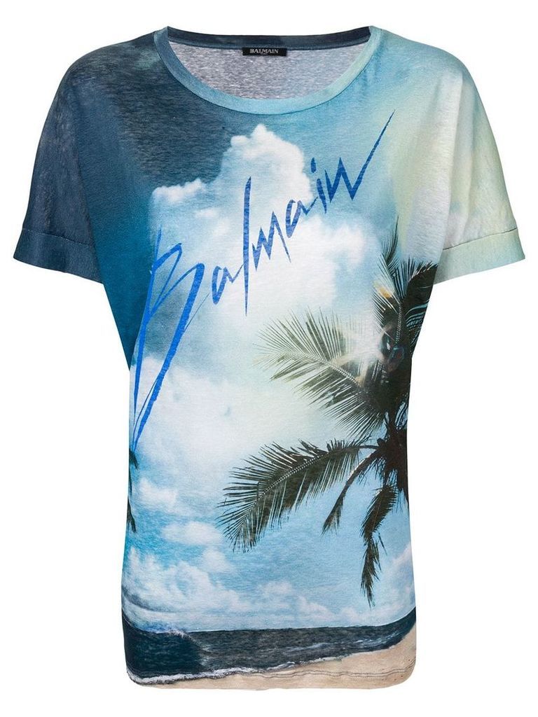 Balmain Linen T-shirt with Balmain logo print - Blue