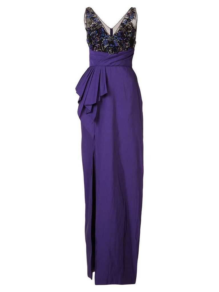 Marchesa Notte embellished pleated waist gown - Purple