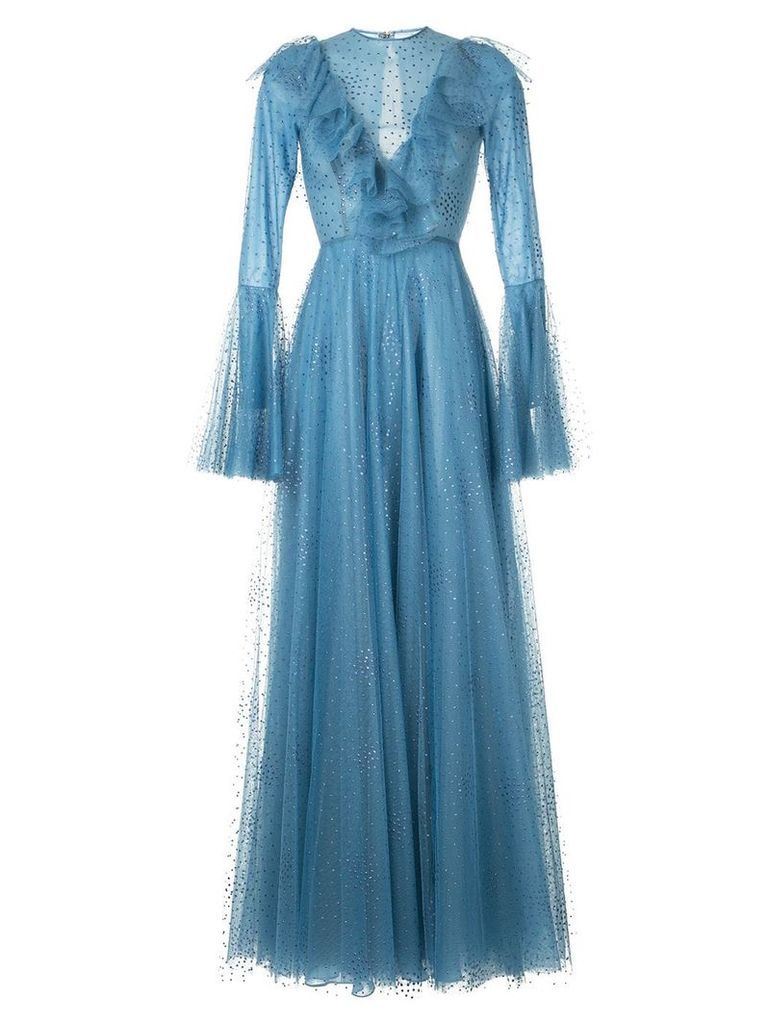 Costarellos ruffle sleeve tulle dress - Blue