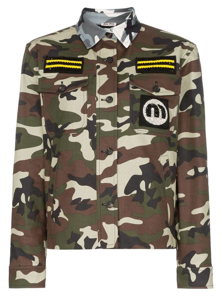 Miu Miu contrast collar patch embroidered military jacket - Green