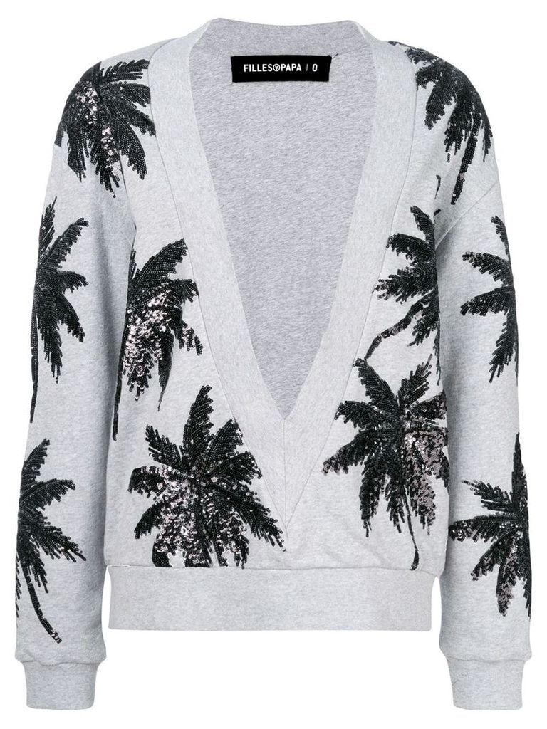 Filles A Papa sequin palm tree v-neck sweater - Grey