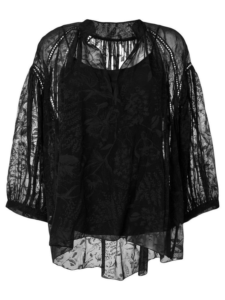 Noon By Noor burnout floral relaxed henley neck ruched blouse - Black