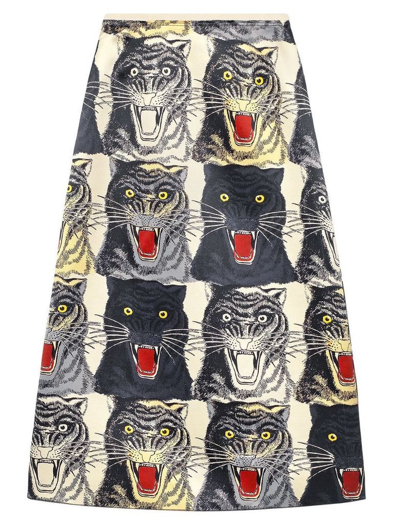 Gucci Tiger face print silk a-line skirt - NEUTRALS