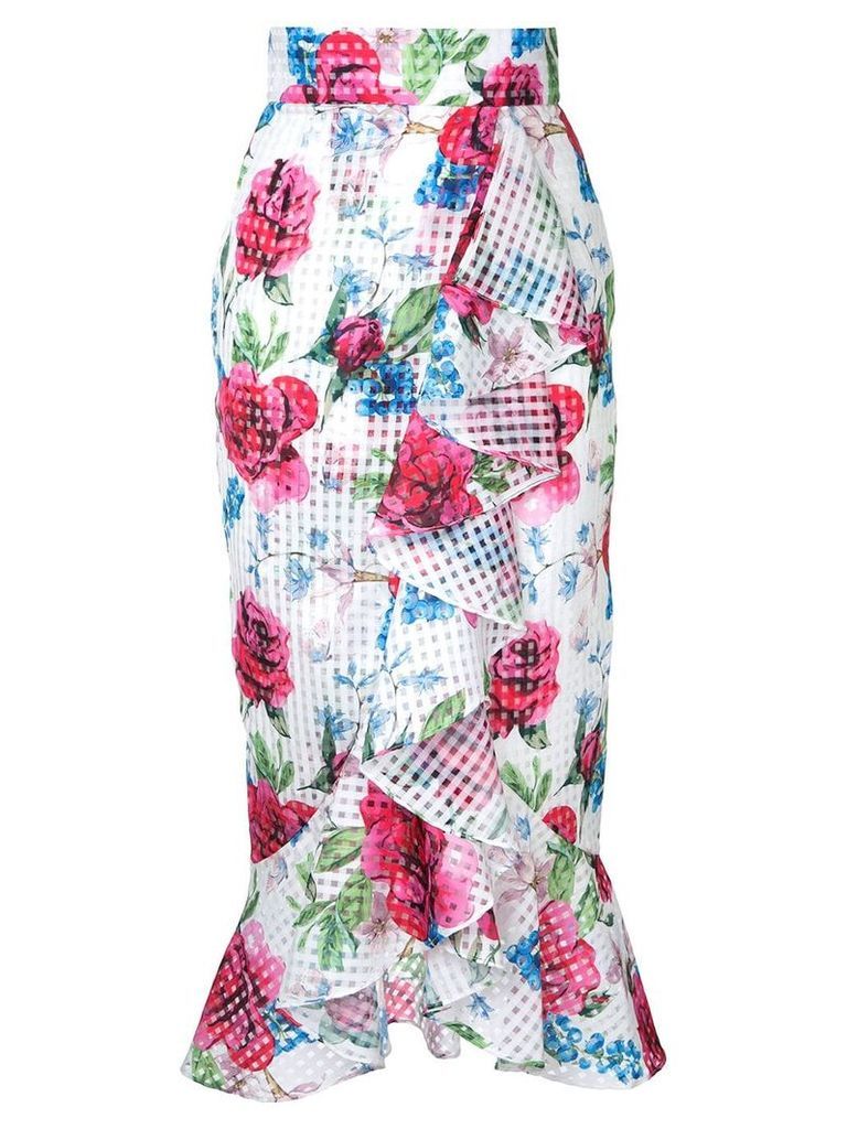 Bambah floral gingham print ruffle detail skirt - White