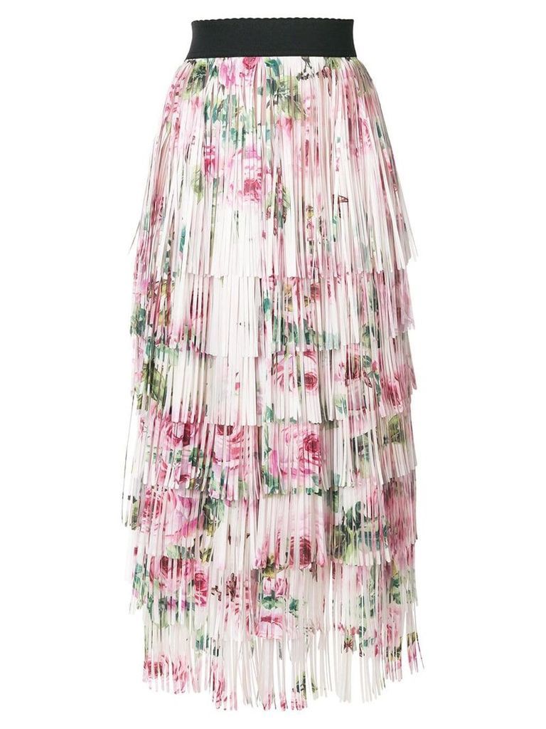 Dolce & Gabbana tiered fringed rose print midi skirt - NEUTRALS