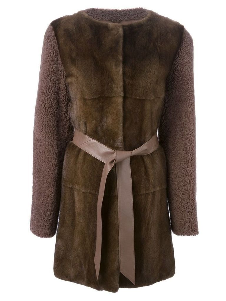 Liska contrasting front belted coat - Brown