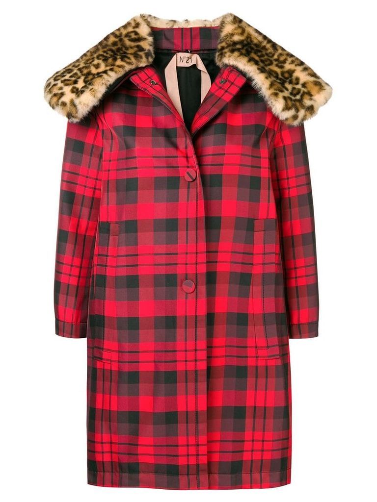 Nº21 leopard print collar check coat - Red