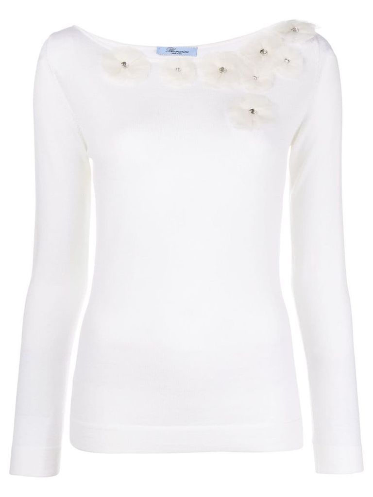 Blumarine round neck floral embellished knit top - White