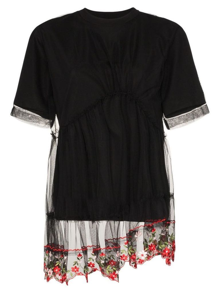 Simone Rocha floral embroidered lace peplum T-shirt - Black