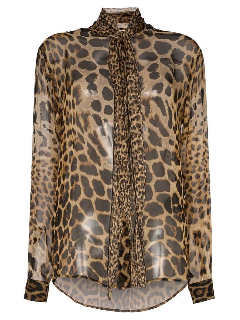 Saint Laurent tie-neck leopard-print blouse - Brown