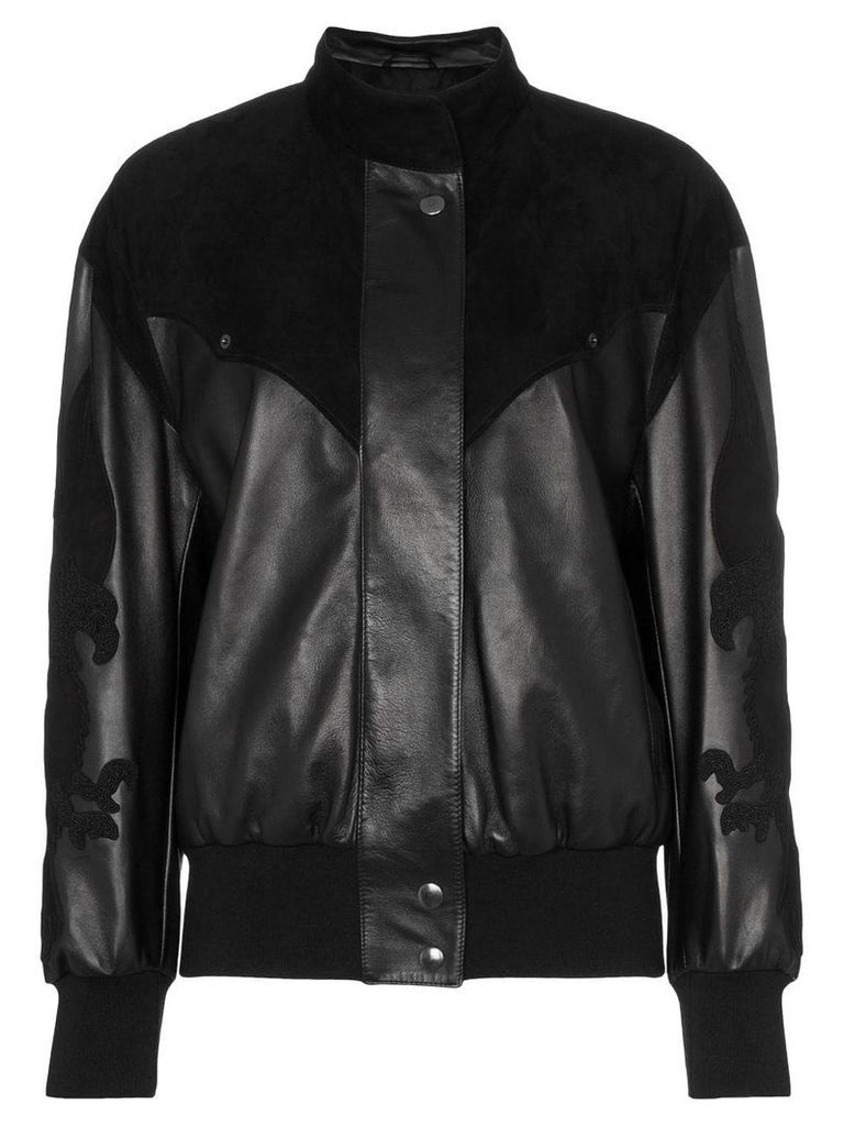 Montana embroidered panelled leather bomber jacket - Black