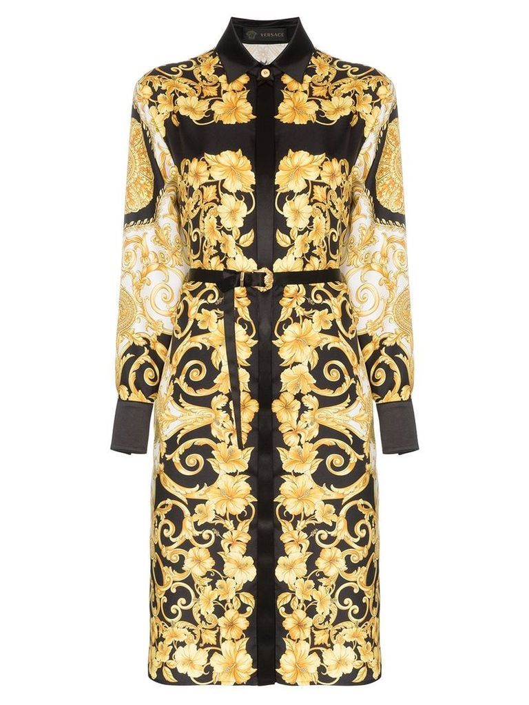 Versace button-down baroque print belted silk midi dress - A7900