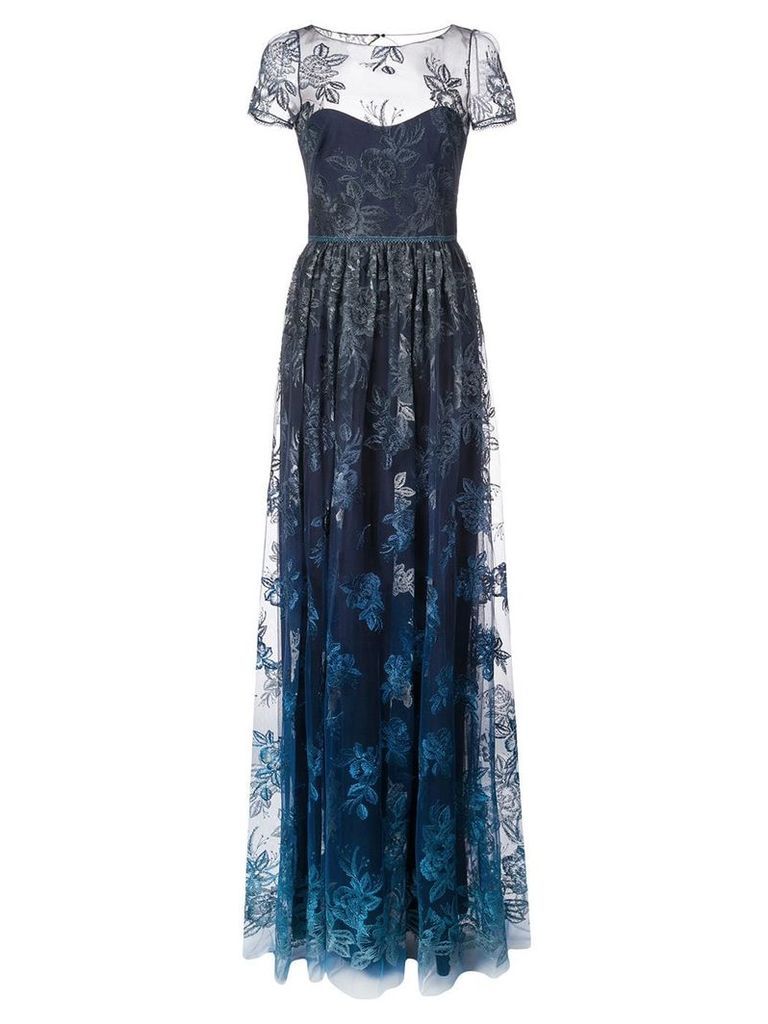 Marchesa Notte sheer floral embroidered gown - Blue