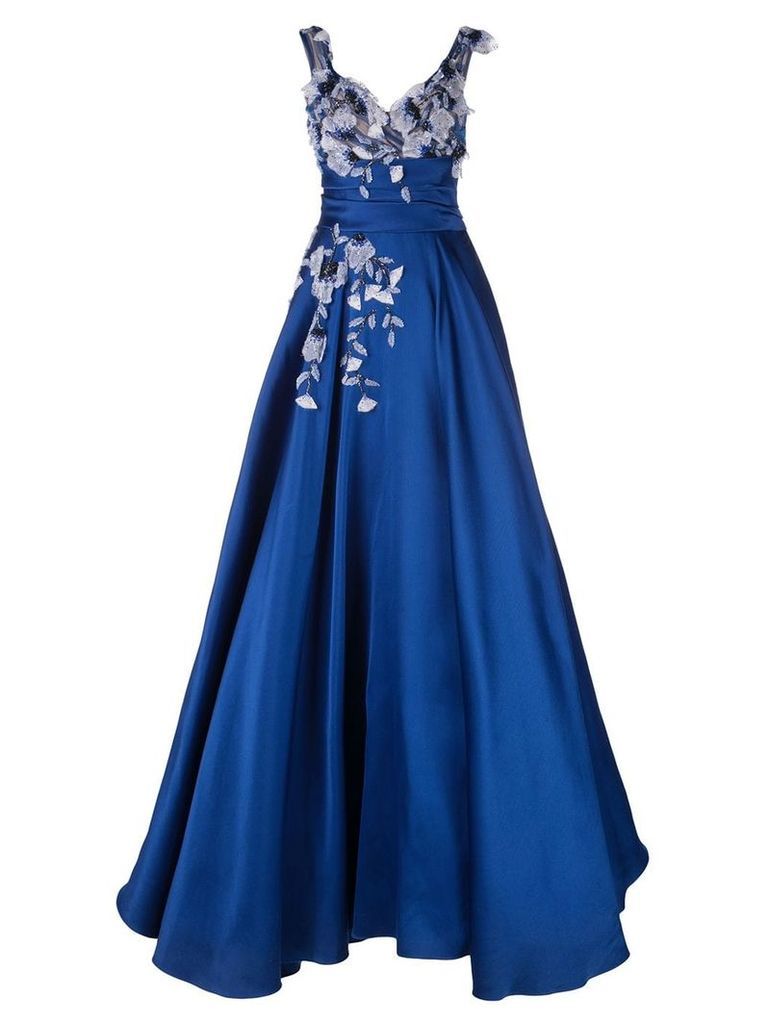 Marchesa beaded floral flared gown - Blue
