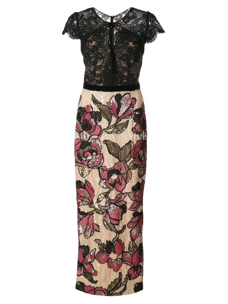 Marchesa Notte sequined lace column gown - Black