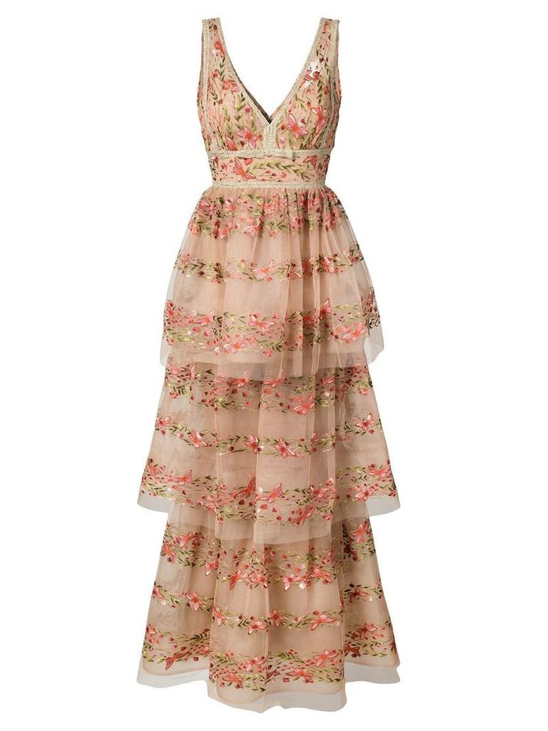 Marchesa Notte layered floral dress - NEUTRALS