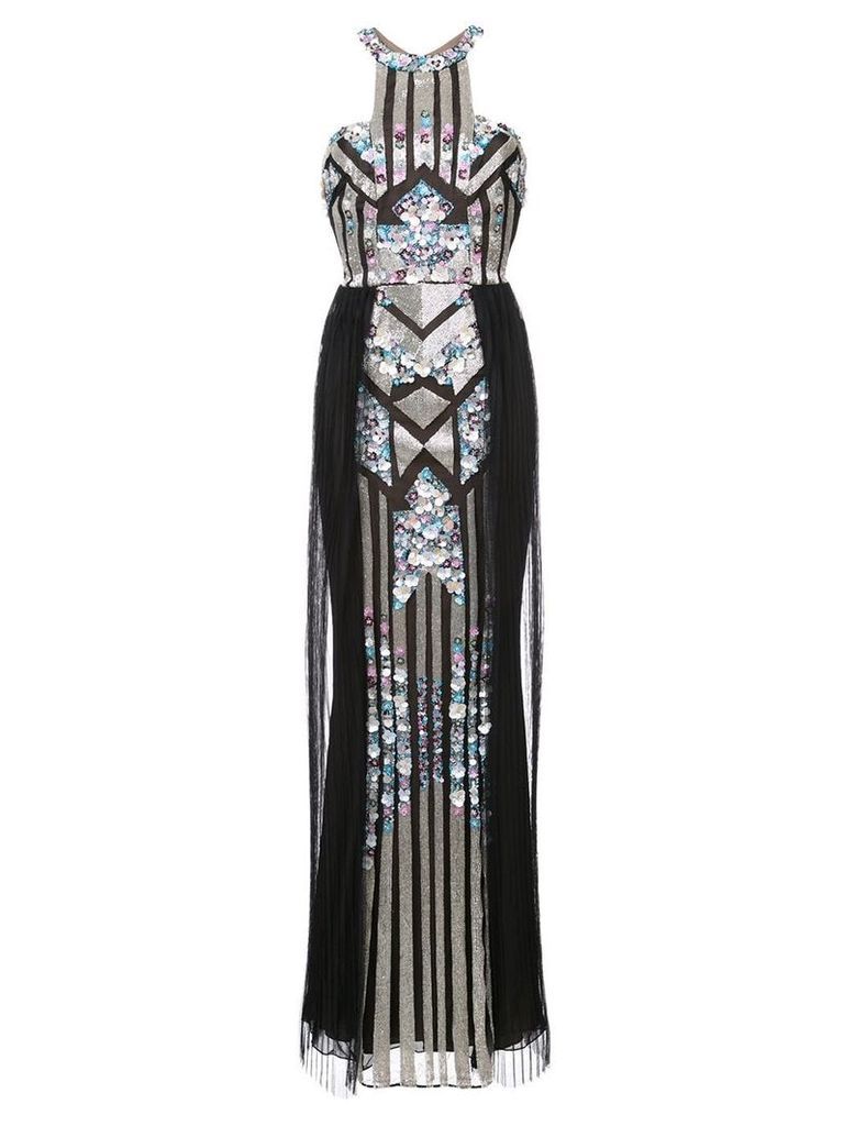 Marchesa Notte pleated sequined column gown - Black