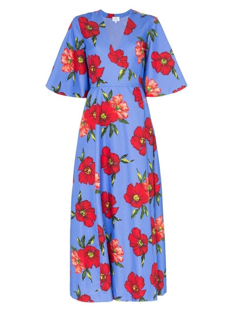 Rebecca De Ravenel floral print silk wrap dress - Blue