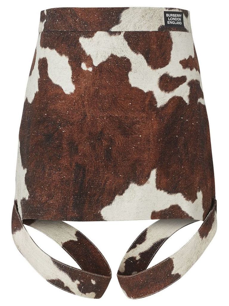 Burberry Strap Detail Animal Print Cotton Linen Mini Skirt - Brown