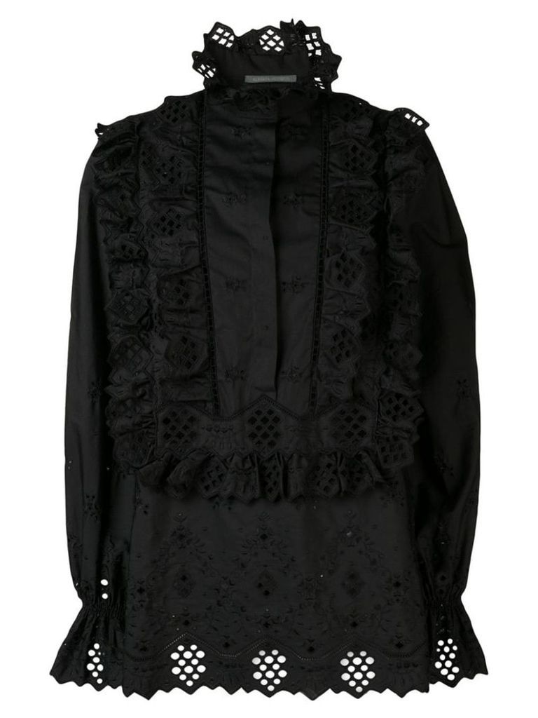 Alberta Ferretti embroidered ruffled front bib blouse - Black