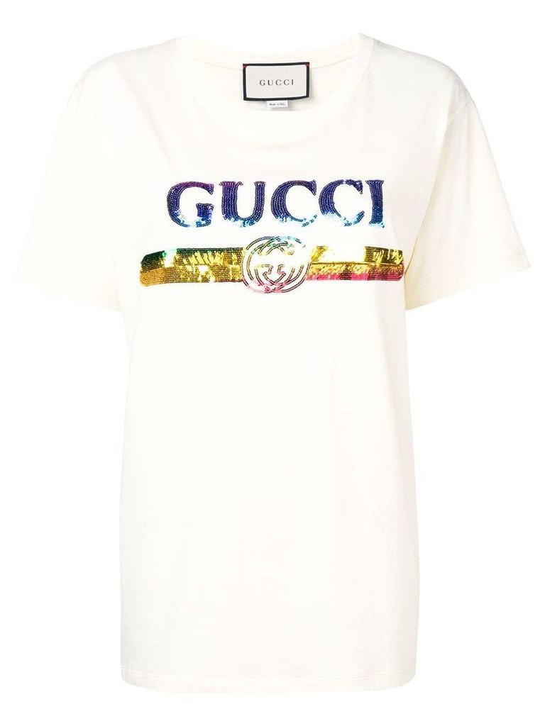 Gucci logo sequinned T-shirt - NEUTRALS