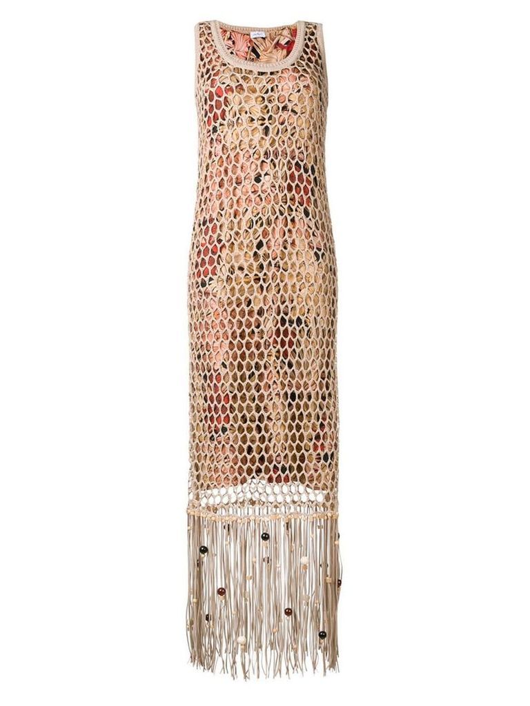 Salvatore Ferragamo fringed mesh overlay dress - NEUTRALS