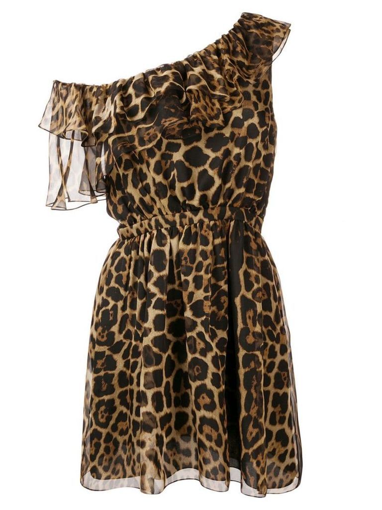 Saint Laurent one-shoulder leopard print dress - Brown