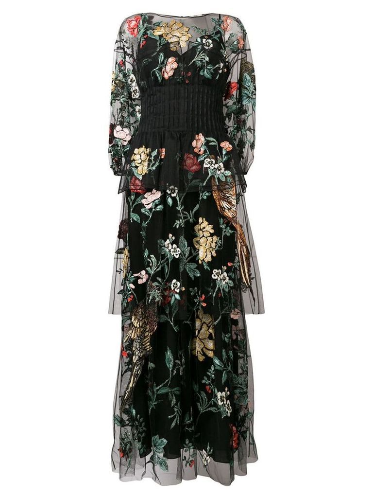 Fendi floral bird tulle embroidered dress - Black