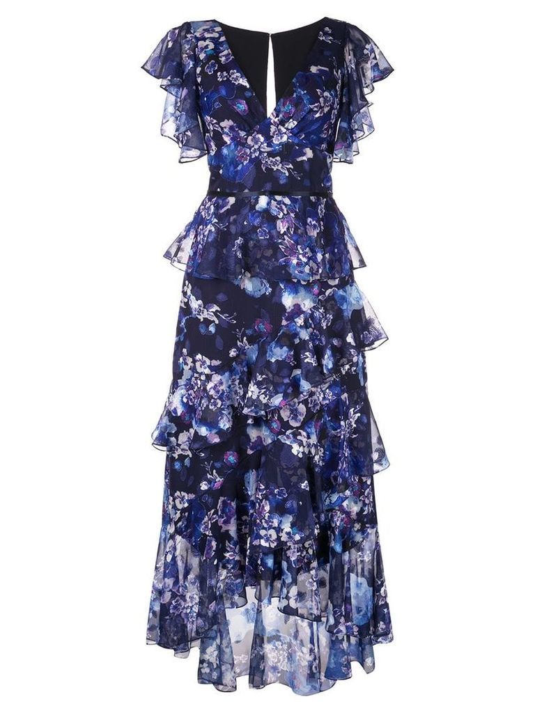 Marchesa Notte ruffled floral print dress - Blue