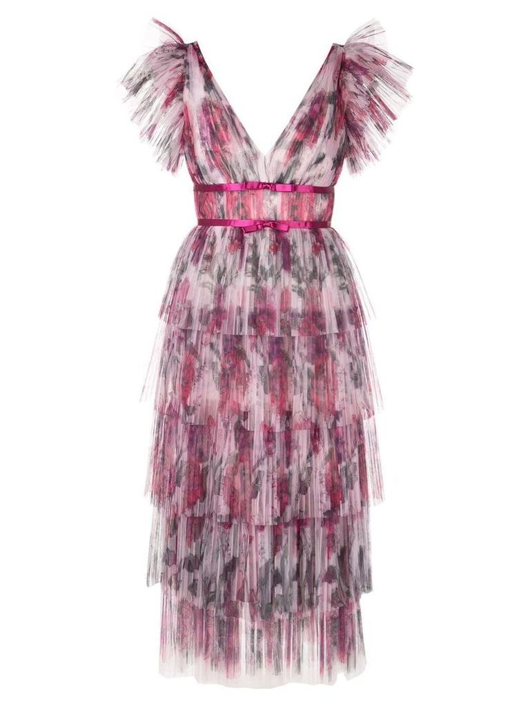 Marchesa Notte frilled pleated dress - PINK