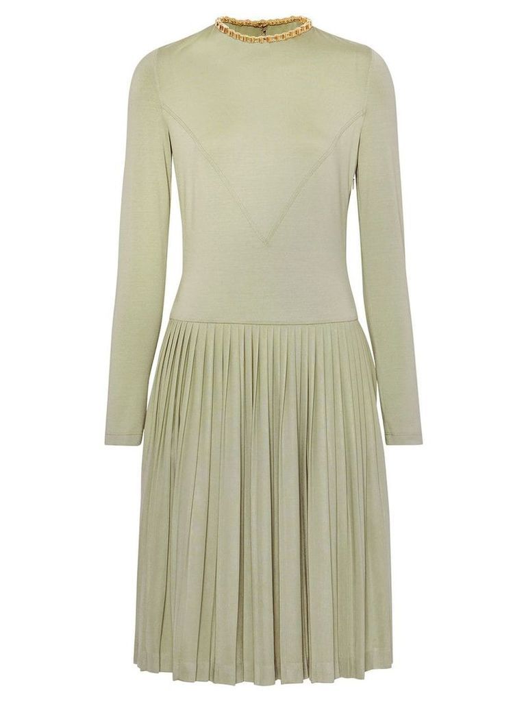 Burberry Chain Detail Pleated Stretch Silk and Crepe Dress - Green