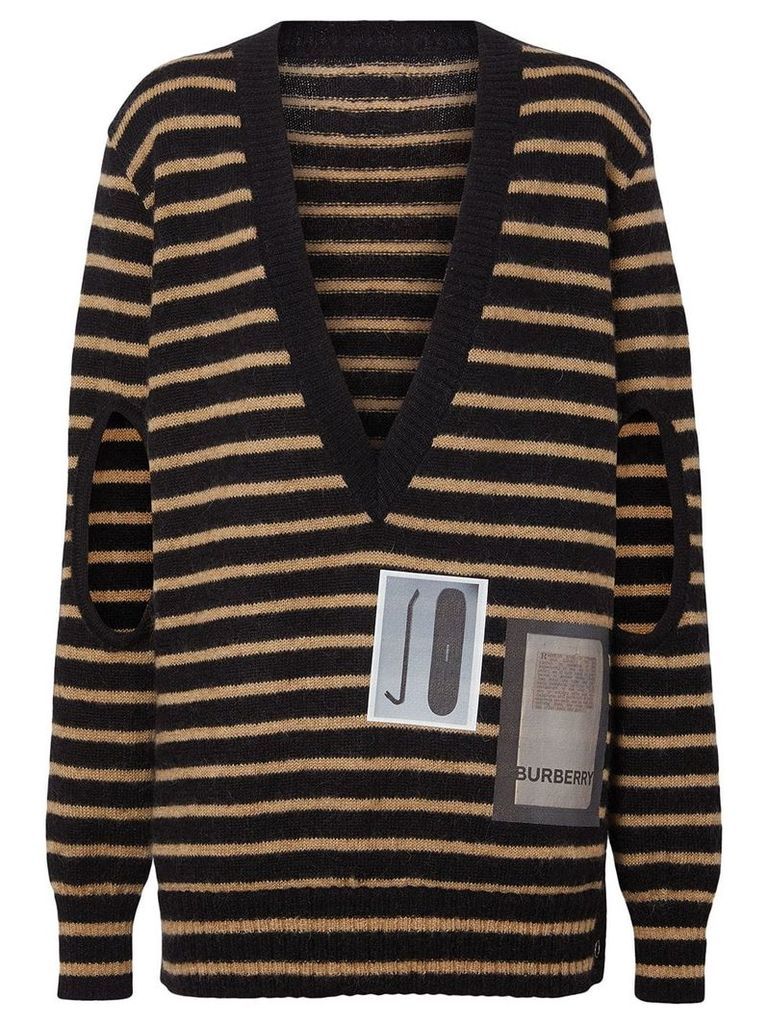 Burberry Montage Print Striped Mohair Wool Blend Sweater - Black