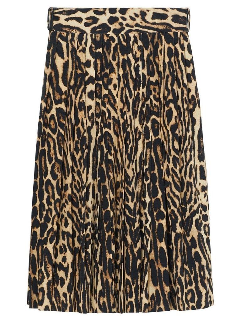 Burberry Leopard Print Stretch Silk Pleated Skirt - NEUTRALS