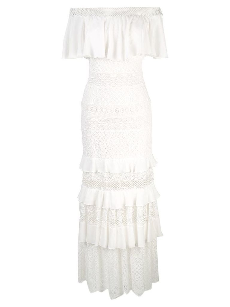 Tadashi Shoji bardot frill maxi dress - White