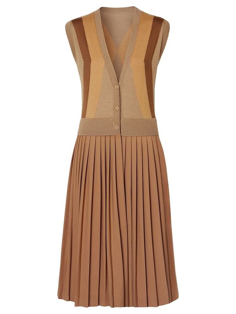 Burberry Sleeveless Knitted Wool V-neck Dress - Brown