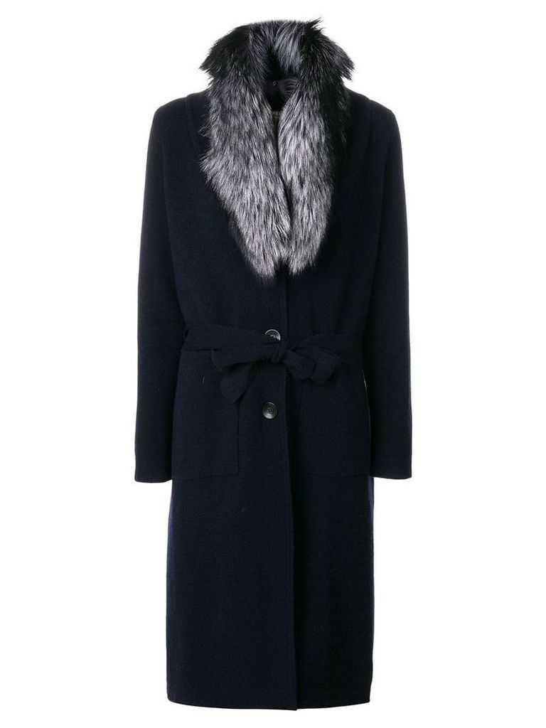N.Peal fur collar knitted coat - Blue