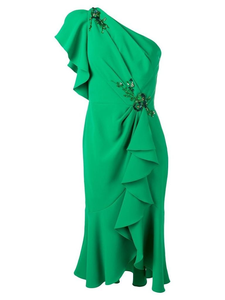 Marchesa Notte one shoulder ruffled dress - Green