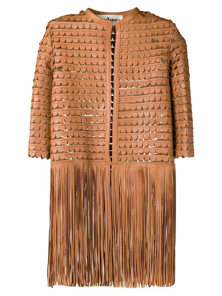 Caban Romantic leather embroidered coat with fringes - Brown