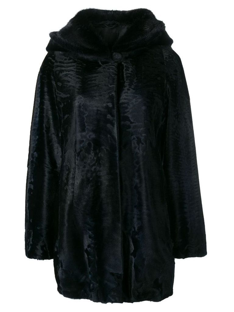 Liska loose fur trimmed coat with a hood - Blue
