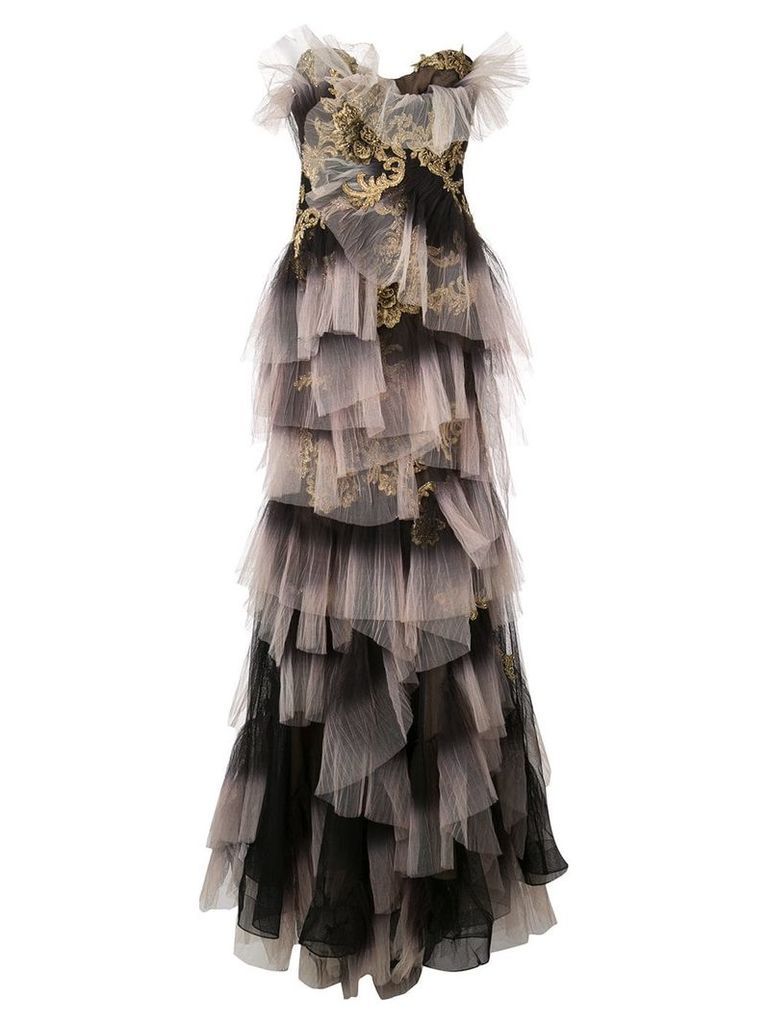 Marchesa embroidered ruffle panel gown - Black