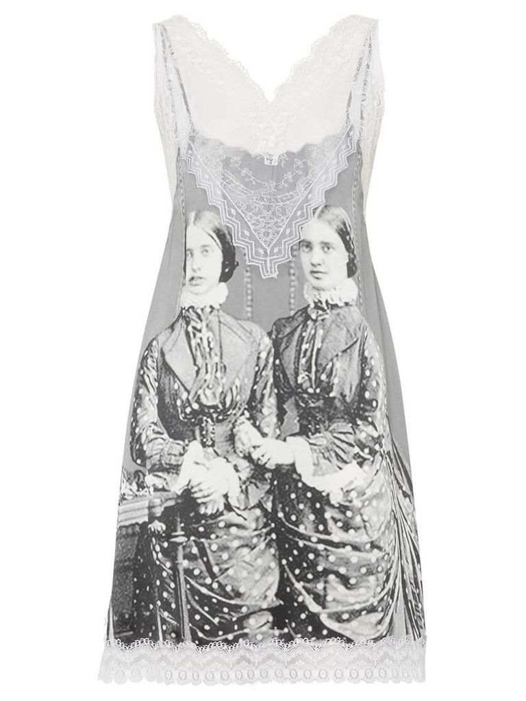 Burberry Lace Detail Victorian Portrait Print Silk Slip Dress - Grey