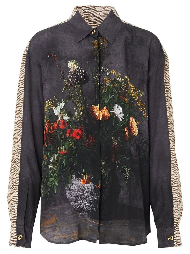 Burberry Floral And Leopard Print Silk Shirt - Black