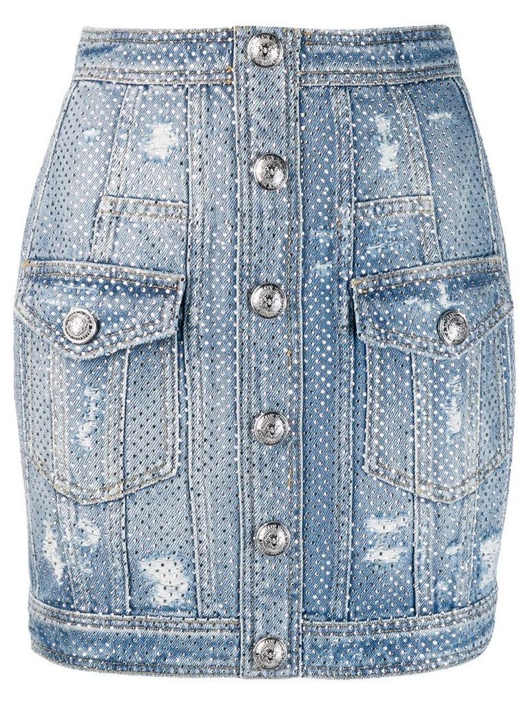 Balmain distressed crystal denim skirt - Blue