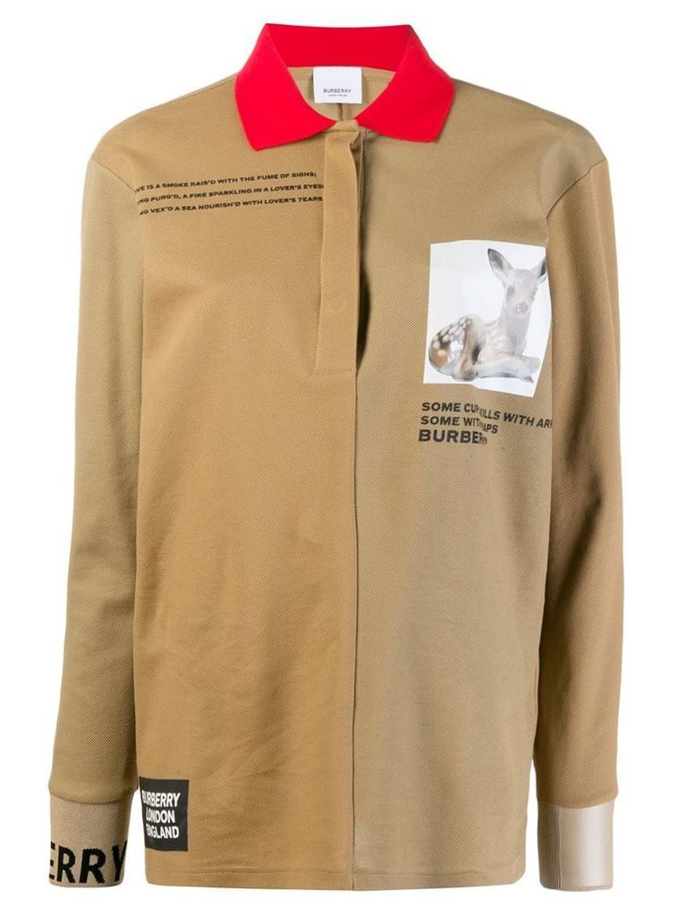 Burberry Long-sleeve Montage Print Cotton Polo Shirt - NEUTRALS