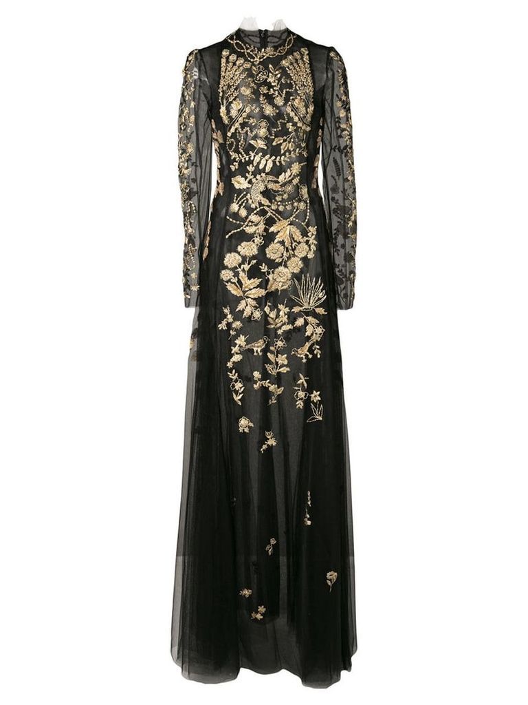 Oscar de la Renta long sleeved gown with gold embroidery - Black