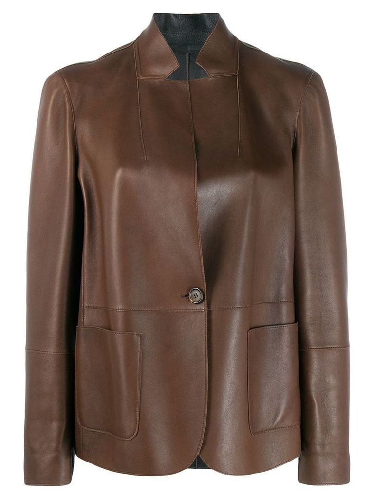 Brunello Cucinelli standing collar leather jacket - Brown