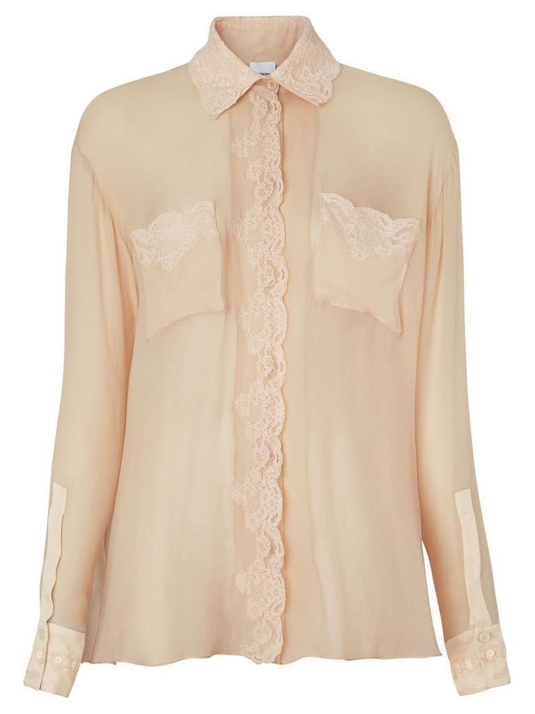Burberry Lace Detail Silk Chiffon Shirt - NEUTRALS