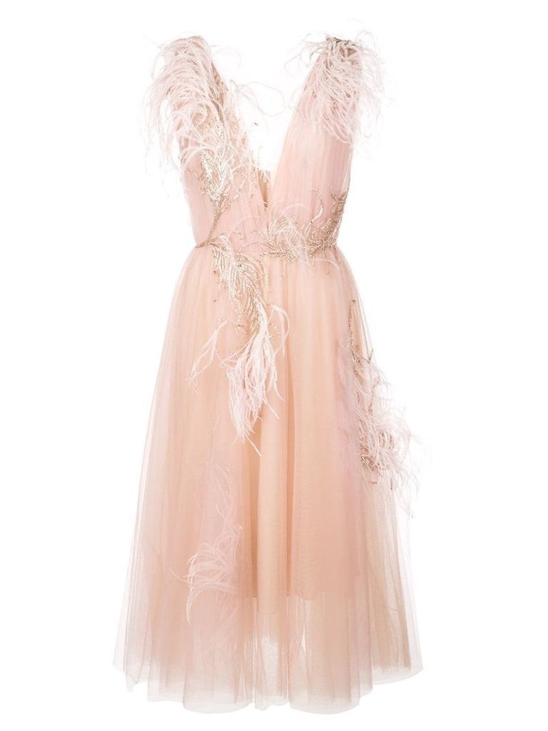 Marchesa feathered tulle layered dress - PINK