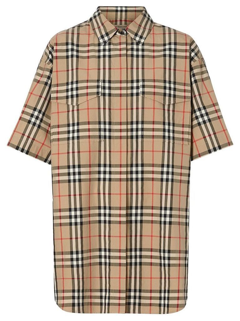 Burberry Short-sleeve Vintage Check Cotton Oversized Shirt - NEUTRALS